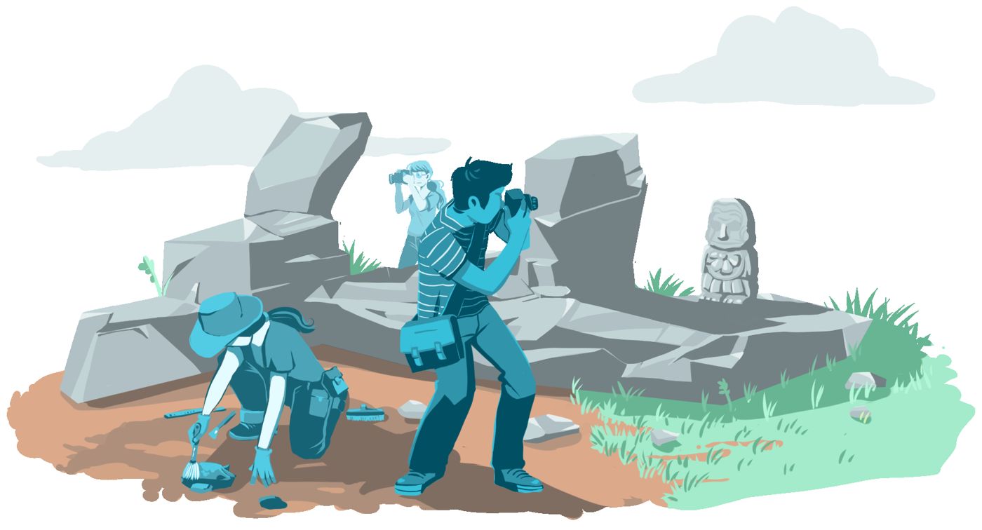 Illustration of archaeologists capturing ruins